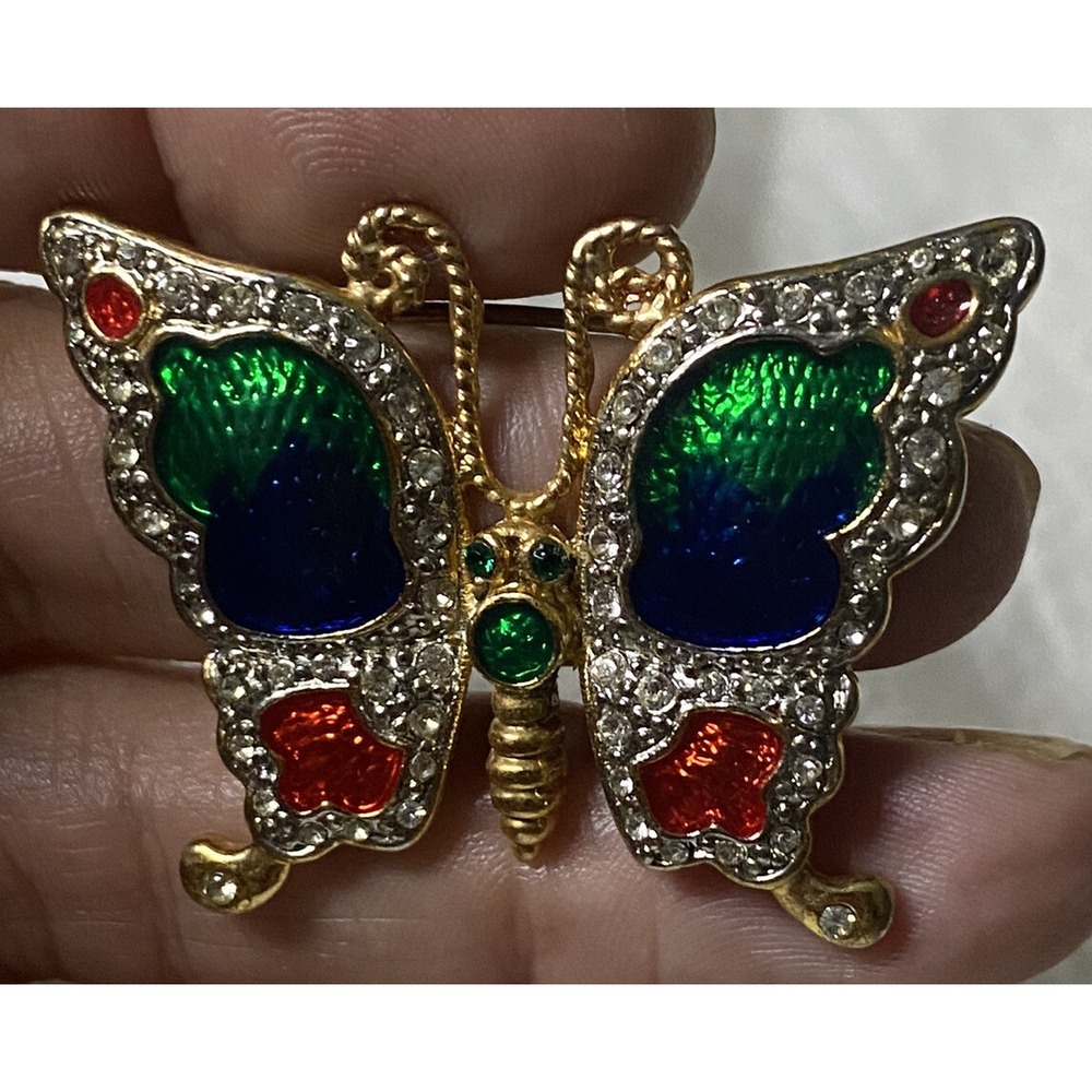 VNTG Butterfly Brooch Pin Enamel Cloisonne Gold Tone Green/Red/Blue/Rhinestones